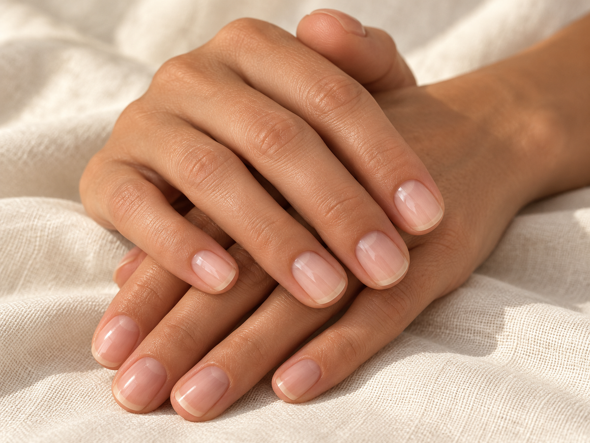 Close-up of neatly shaped natural nails on hands resting on ivory linen.