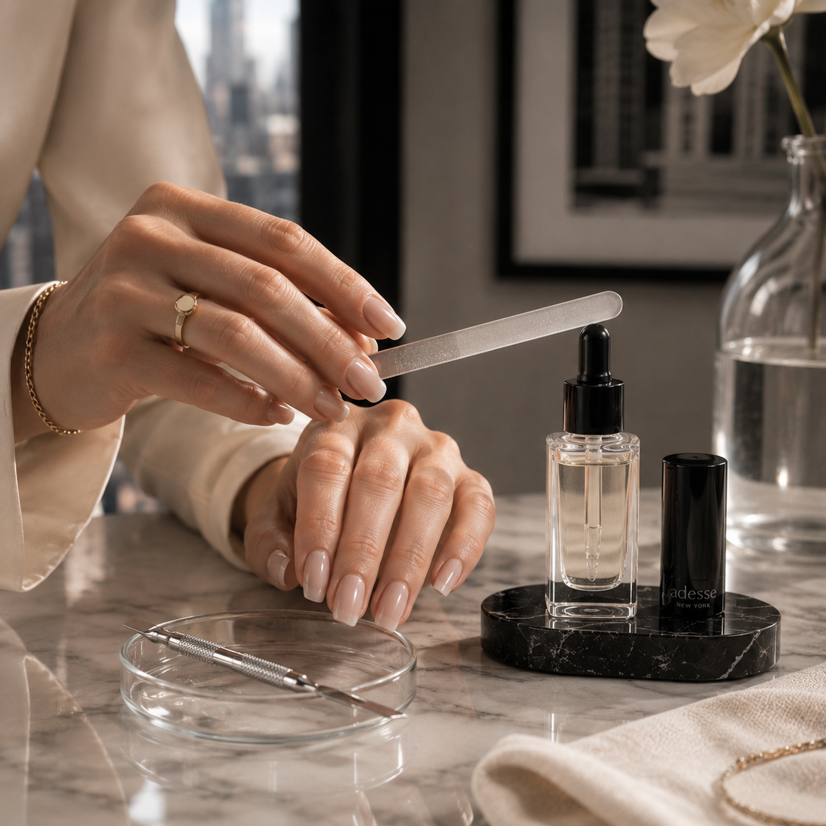 Image of woman doing a manicure with a glass file.