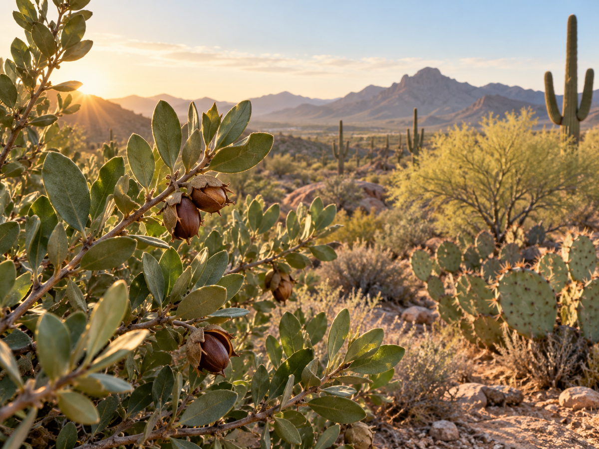 Desert foliage, prickly pear, and saguaro cacti overlooking mountains in golden morning light.