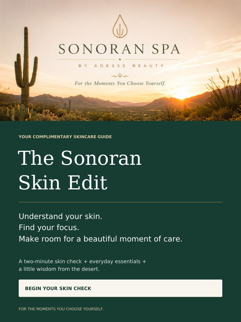 The Sonoran Skin Edit guide cover in botanical green with a Sonoran Desert sunrise